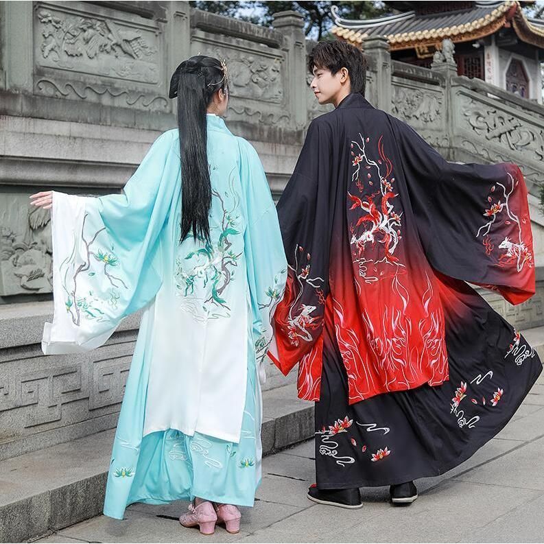 ♥ 漢服 唐装 メンズ レディース 男女兼用 中華服 中国古代服装 グラデーション エスニック 狐 キツネ 刺繍 交差襟 中華服 上下2点セット 振袖 CS00913BJ
