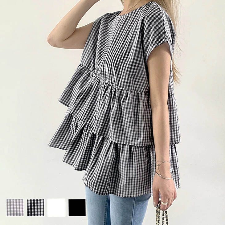 ★裾のフリルが可愛い★【CHANEL】フリル半袖トップス an /アン】チェック柄/ ツイード/ セットアップ/ ボタン/ 半袖