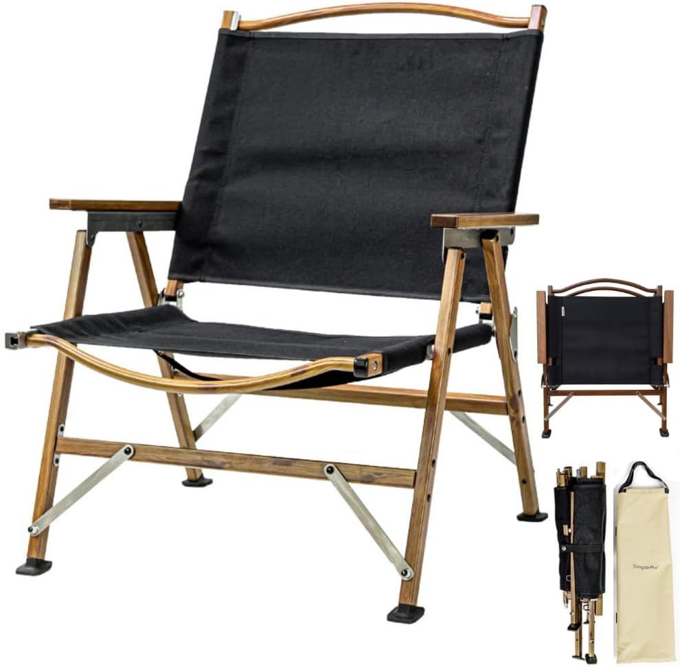 Simplemeキャンプ ローチェアアルミ 軽量折りウォールナットキャンプ 椅子耐荷重120kg シート高31.5cm ベルクロ付きコンパクトアウトドアローチェア ブラック