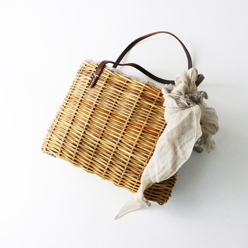 エバゴス ebagos リネンレース被せ レザーハンドル 紅籐 かごバッグ ベージュ ブラウン バスケット トートバッグ 2400014639056