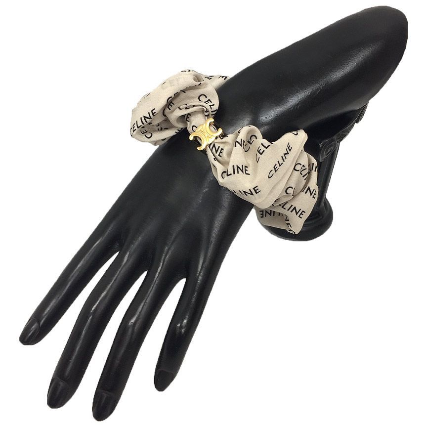 CELINE ベージュ ロゴ シュシュ セリーヌ CELINE ロゴ シュシュ ヘアタイ ヘアアクセサリー ベージュ