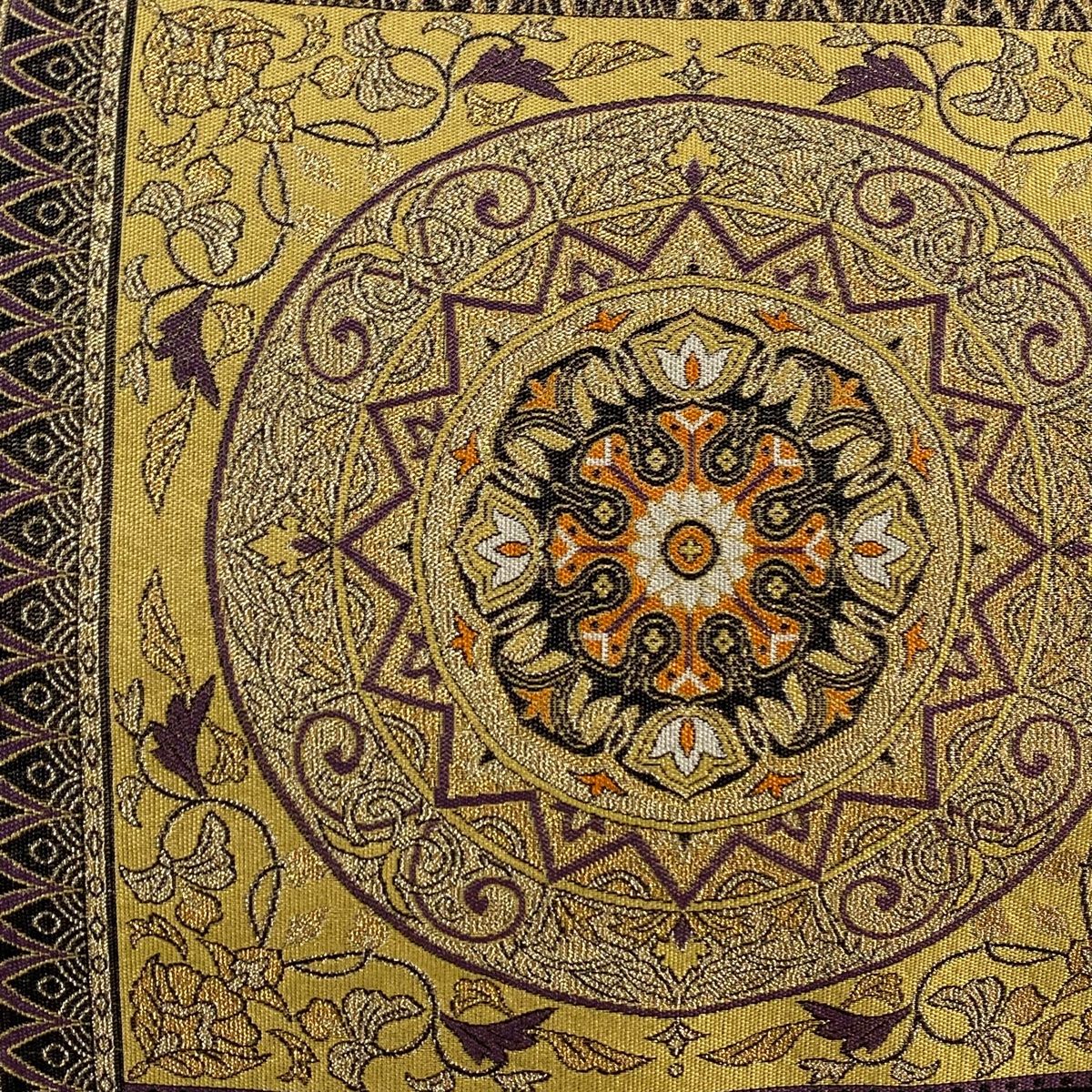 袋帯 秀品 花唐草 幾何学 金糸 箔 薄茶色 六通 正絹