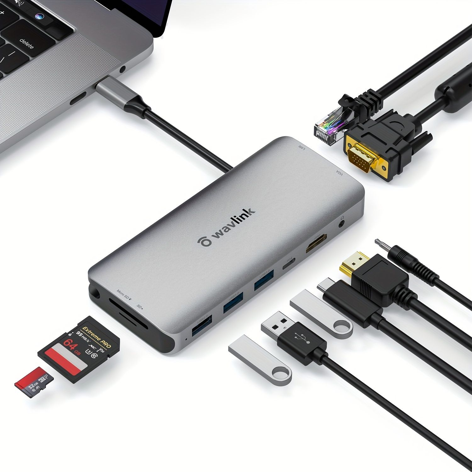 Wavlink 10-in-1 USB-C ハブ|ドック - スリークアルミニウム 87W PD充電 4K HDTV - 2K VGA デュアルUSB 3.1 SD|TFカードリーダー イーサネット オーディオジャック MacBook等対応
