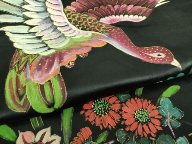 平和屋着物●アンティーク　大正ロマン　九寸名古屋帯　手描き　花鳥文　黒地　金彩　正絹　逸品　DAAU5308ps 平和屋着物○アンティーク 大正ロマン 九寸名古屋帯 手描き 花鳥文