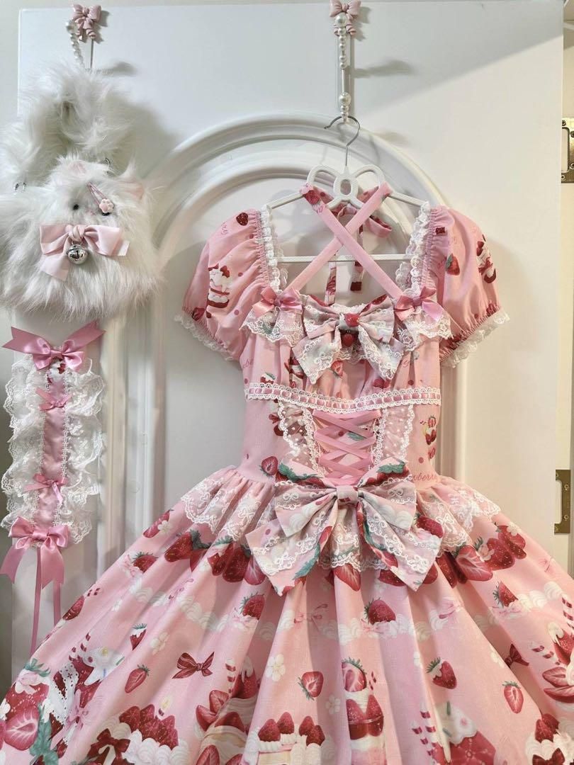 【苺パフェ】ロリータドレス リボン可愛いゴスロリ 森ガール 姫様スイーツ柄ピンク 苺パフェ】イチゴ ロリータドレス リボン 可愛いゴスロリ 森