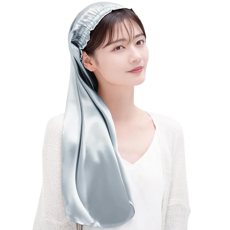 [COCOSILK] シルク ナイトキャップ ロングヘア用 シルクキャップ 筒型 ナイトキャップ ロング 髪 シルク100% 筒 ロングヘア 筒状 ヘアキャップ (75cm， Free Size， アッシュブルー)