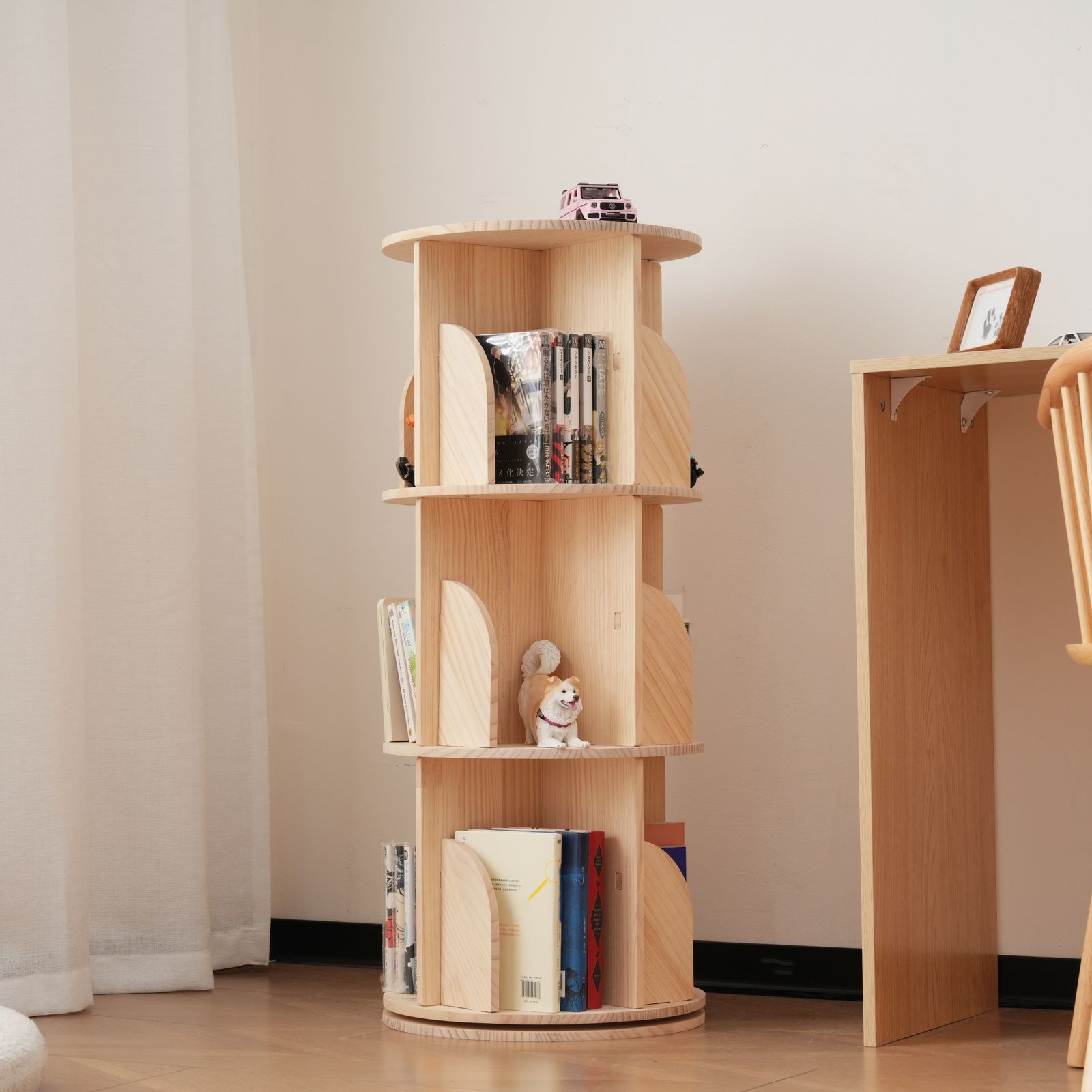【新品】 4段-回転盤タイプ無垢材 回転式本棚 飾り棚 絵本棚 360°回転本棚 セール中」【4段-回転盤タイプ】無垢材 回転式本棚 飾り棚 絵