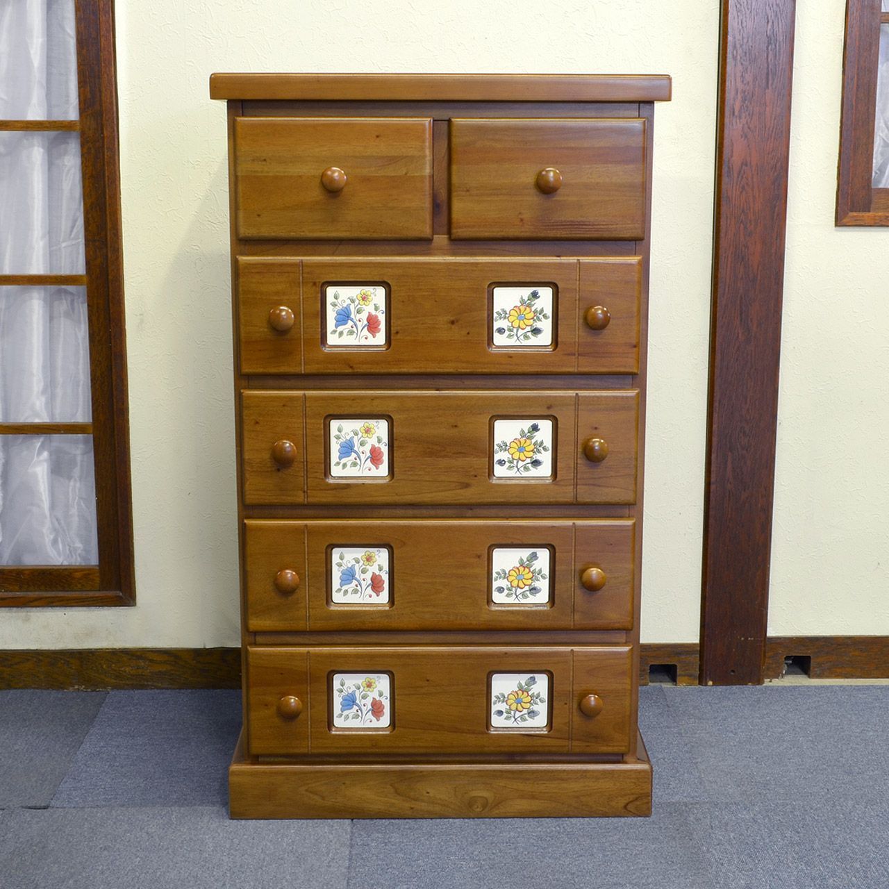 タイル付き5段チェスト マホガニー材使用