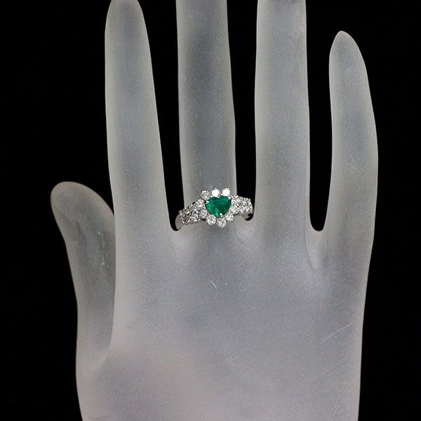 Pt900 ハートシェイプ エメラルド ダイヤモンド リング 0.52ct D0.86ct  