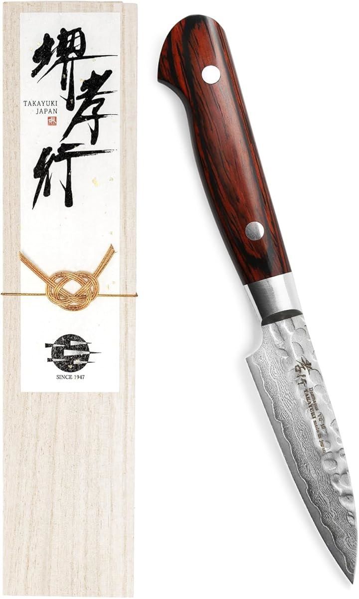 KitcheNavi 堺孝行 プロの料理人が愛用するブランド ダマスカス ペティナイフ 80mm 果物ナイフ フルーツナイフ V金10号 vg10 33層槌目 マホガニー柄 日本製 青木刃物製作所(ダークブラウン,  ペティナイフ 80mm)