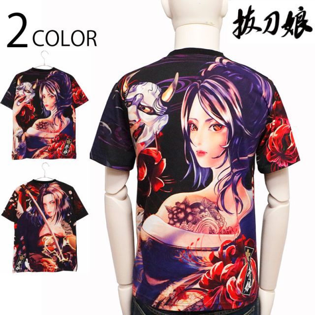抜刀娘 ばっとうむすめ 美麗シリーズ 妃那 般若 ＆ 葵 鳥居 柄 和柄 半袖Ｔシャツ ( 232838 )  和柄 半袖 Tシャツ 抜刀娘 美麗 女の子 妃那 葵 豪華 昇華転写 プリント 女 女の子 2色展開 送料無料