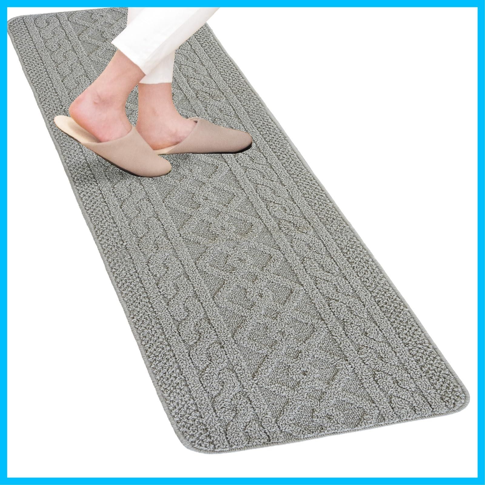【早発送】オカK ラン キッチンマット 45cm×180cm グレー 洗える ランンニット柄 おしゃれ すべり止め加工