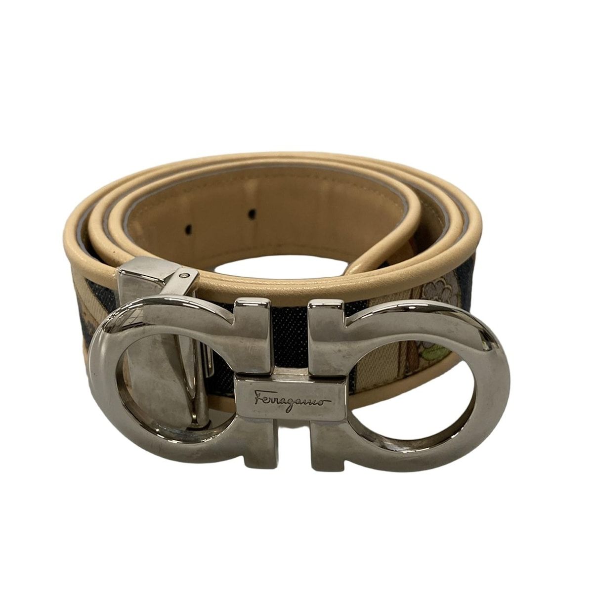 FERRAGAMO|SalvatoreFerragamo サルバトーレフェラガモ ベルト 23 ガンチーニ ネイビー×ベージュ×マルチ 花柄 レザー