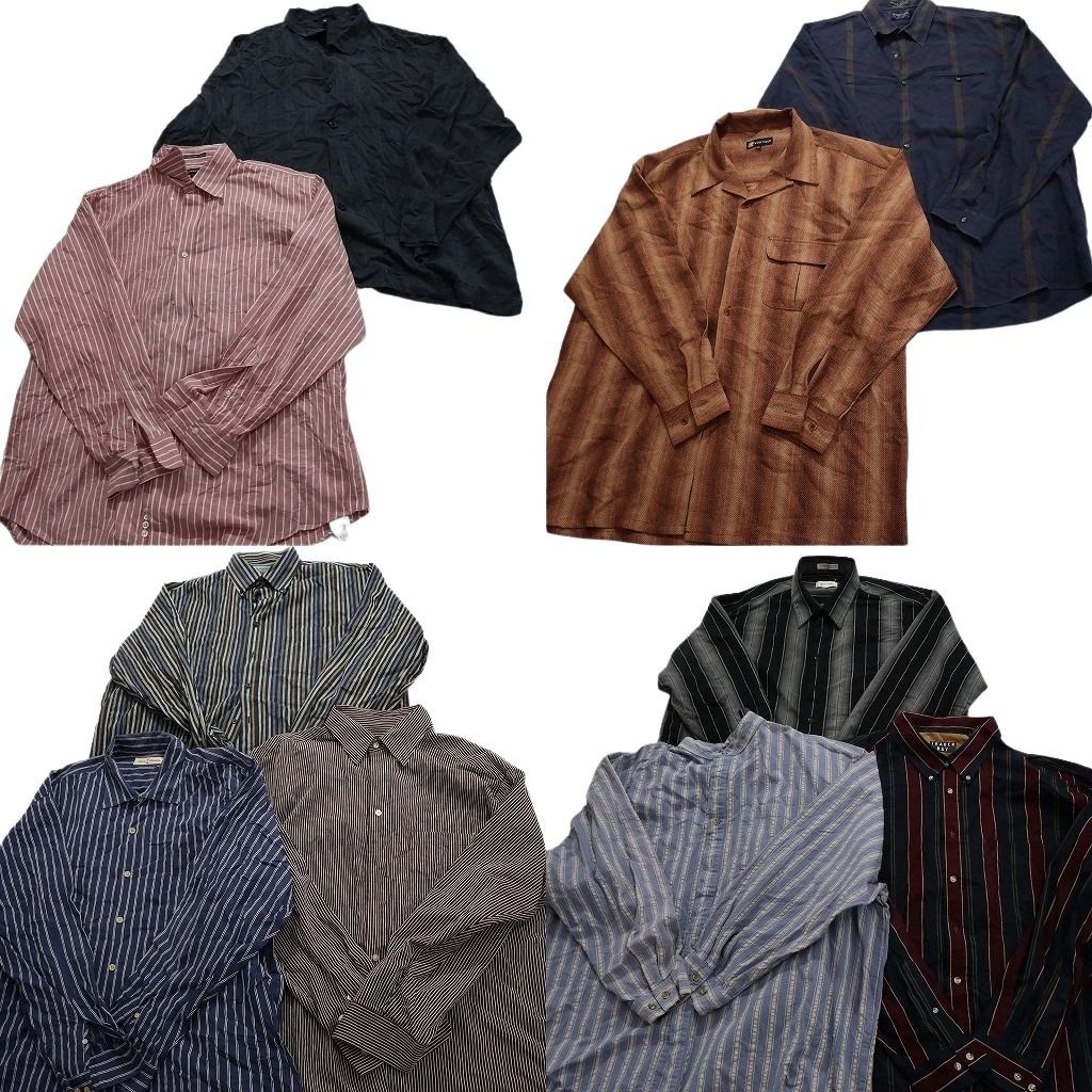 【長袖シャツ】総柄 ストライプ 花 リーフ デザインシャツ 2L メンズ 古着 シャツ メンズ 長袖シャツ トップス 春秋 ストライプ柄 開襟