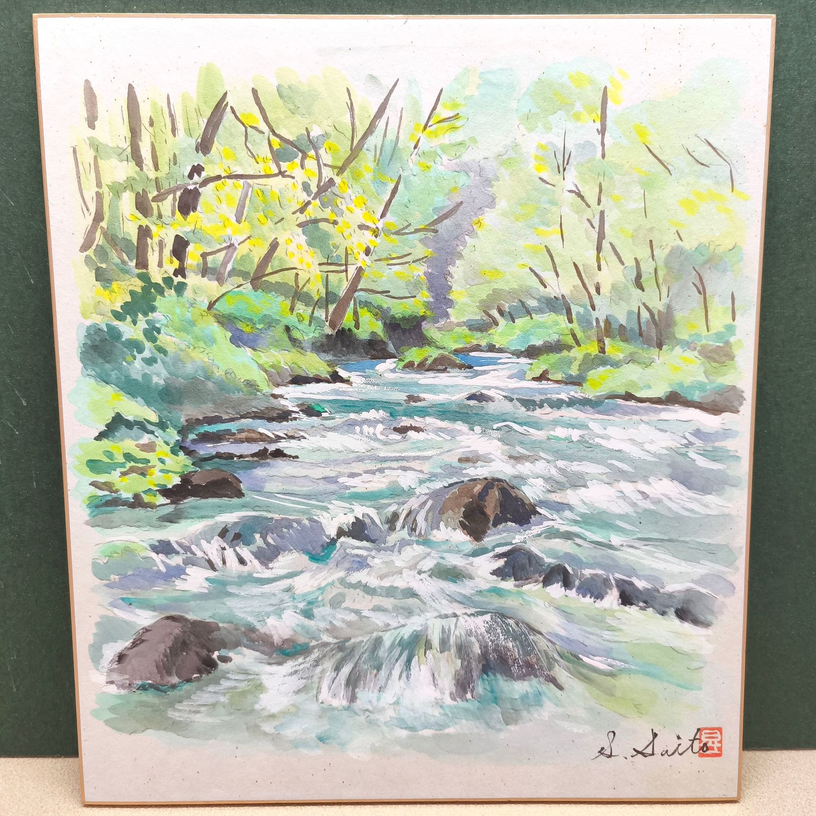 色紙絵・額装・奥入瀬渓流・Saito・水彩・風景画・No.250416-15