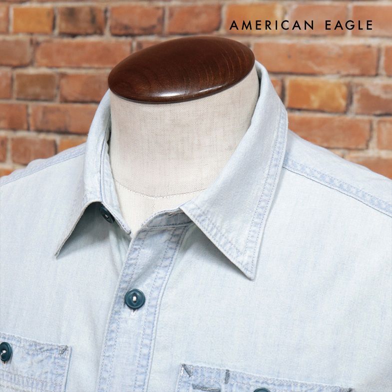 AMERICAN EAGLE/Sサイズ/セルビッチ デニム シャツ 7453-1056 ブリーチ ヴィンテージ BIGシルエット 長袖 ストリート 20代 30代 新品/水色/ライトブルー/jb127/
