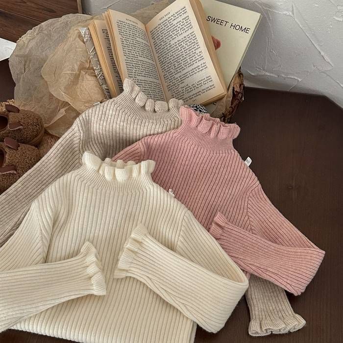 長袖 トップス Tシャツ ネックフリル ニット インナー 子供服 女の子 キッズファッション ハイネック フリル袖口 女の子 無地 シンプル 可愛い カジュアル 冬 フリル 学校 遠足 修学旅行 普段