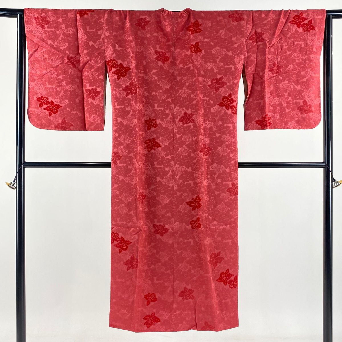 道行 身丈136cm 裄丈66.5cm M 和装コート 角衿 草花 ビロード風 ピンク 正絹 名品