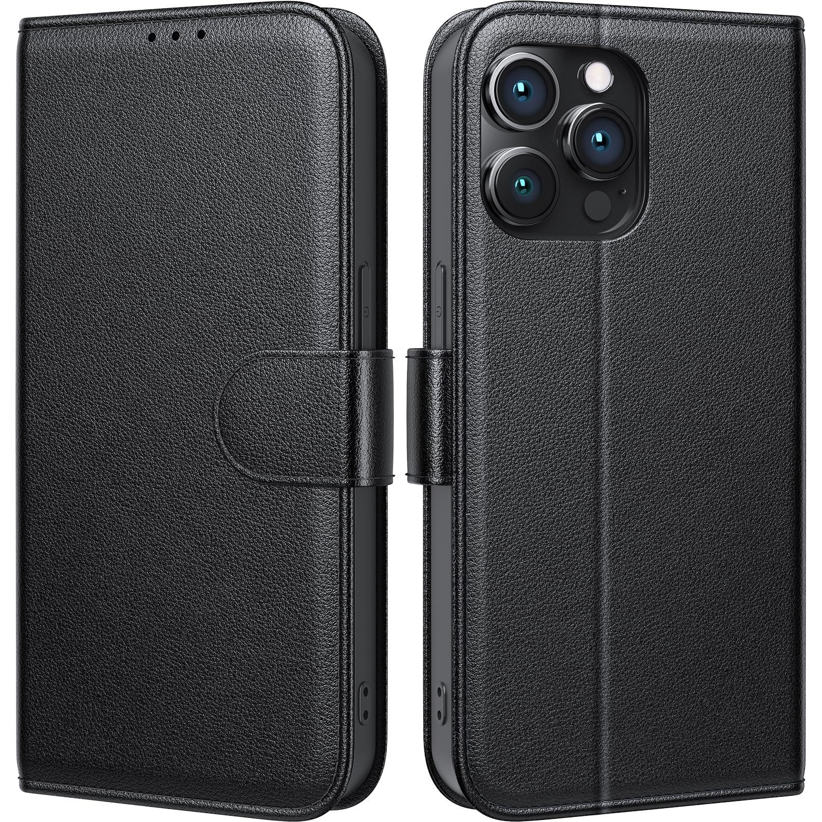 【在庫セール】Peakally iPhone 15 Pro Max 用 ケース 手帳型 本革 アイフォン15 Pro Max 用 スマホケース 高級牛革 [RFIDブロッキング] マグネット スタンド機能 TPU耐衝撃保護 カード収納（ブラック）