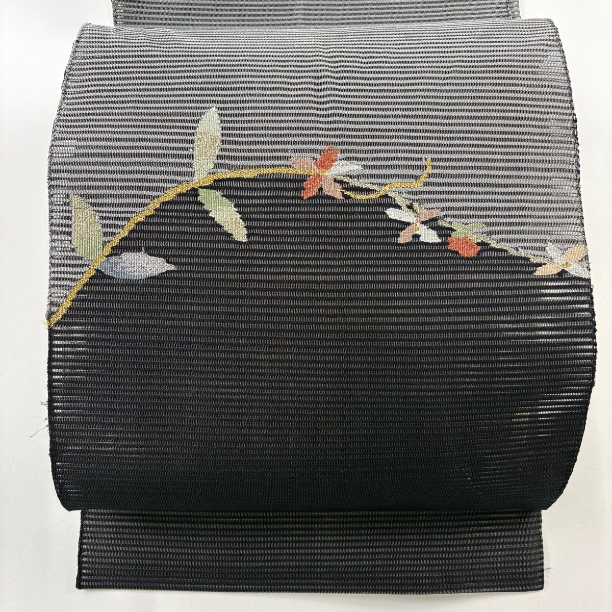 名古屋帯 美品 秀品 夏帯 絽 八寸 月 稲穂 金糸 黒 正絹 名古屋帯 秀品 夏帯 八寸名古屋帯 絽 草花 金銀糸 灰色 正絹