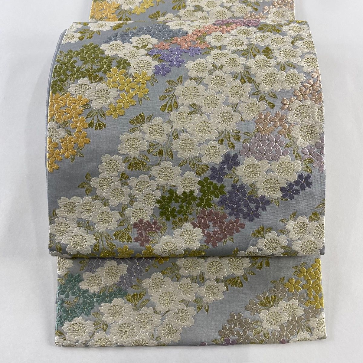 袋帯 名品 花柄 花びら 灰色 六通 正絹 中古 袋帯 美品 名品
