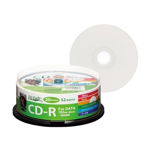 (まとめ) ハイディスク データ用CD-R700MB 52倍速 ホワイトワイドプリンタブル スピンドルケ―ス HDCR80GP20 1パック(20枚)  