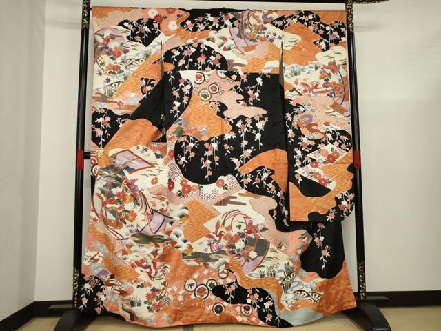 【北海道限定】テラコッタ 花柄模様　⬜︎ 約23cm角 平和屋着物▽豪華振袖 駒刺繍 鳳凰花文 黒地 金彩 正絹 逸品