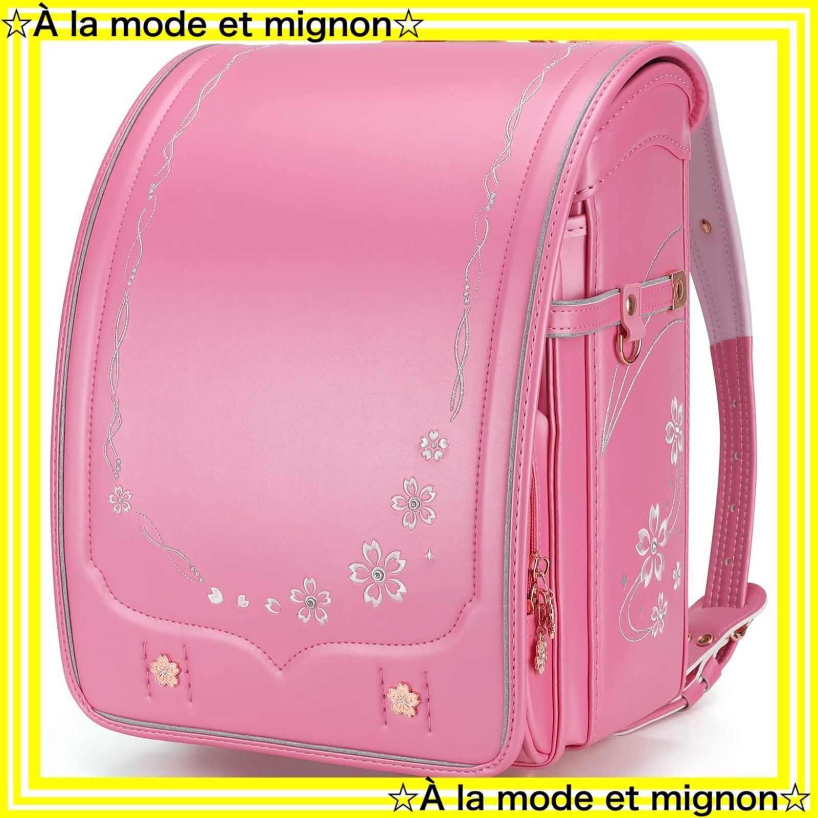 【スピード発送】エレガント schoolbag japanese A4フラットファイル対応 Bab-sakura 刺 豪華 軽量 (New ワンタッチロック 女の子 ランドセル パールピンク) 桜 [バオバブの願い]