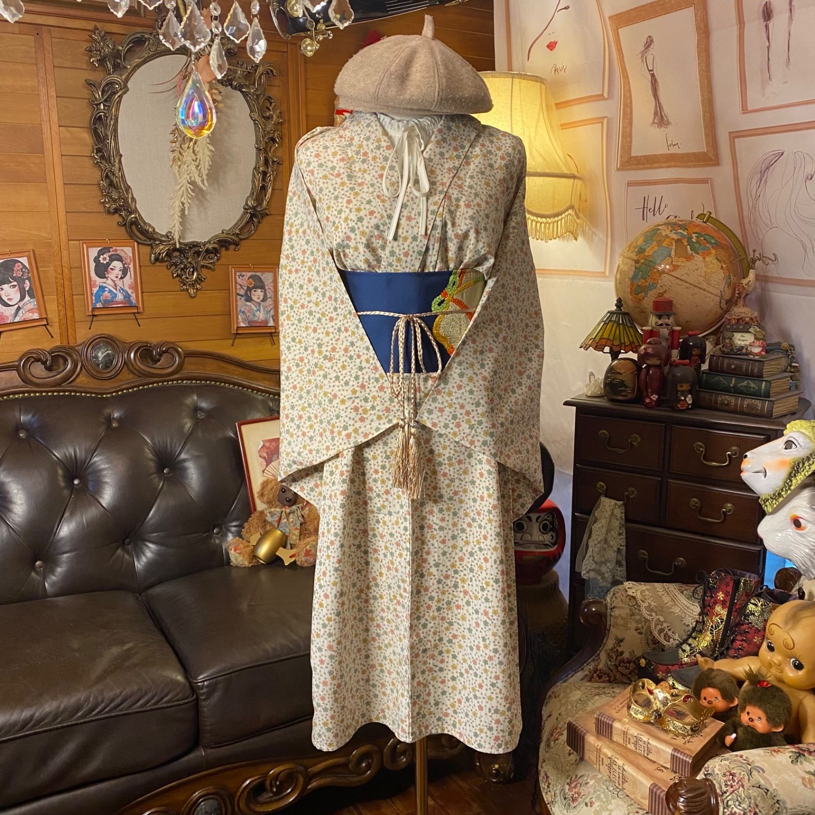 単衣着物 リメイク ワンピース ドレス 洗える 化繊 名古屋帯サッシュベルト 和洋折衷 レトロ 古着 ハンドメイド 全体に咲きこぼれる小花たち KW-1130