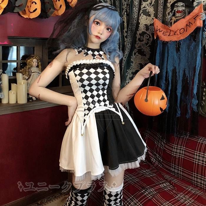 ハロウィン衣装　ハロウィン コスプレ魔女 ハロウィン コスプレ ワンピース ピエロ レディース 5点セットコスチューム 大人用 ハロウィン 衣装 仮装 コスプレ 魔女 コスプレ ハロウィーン パーティー 変装 halloween58