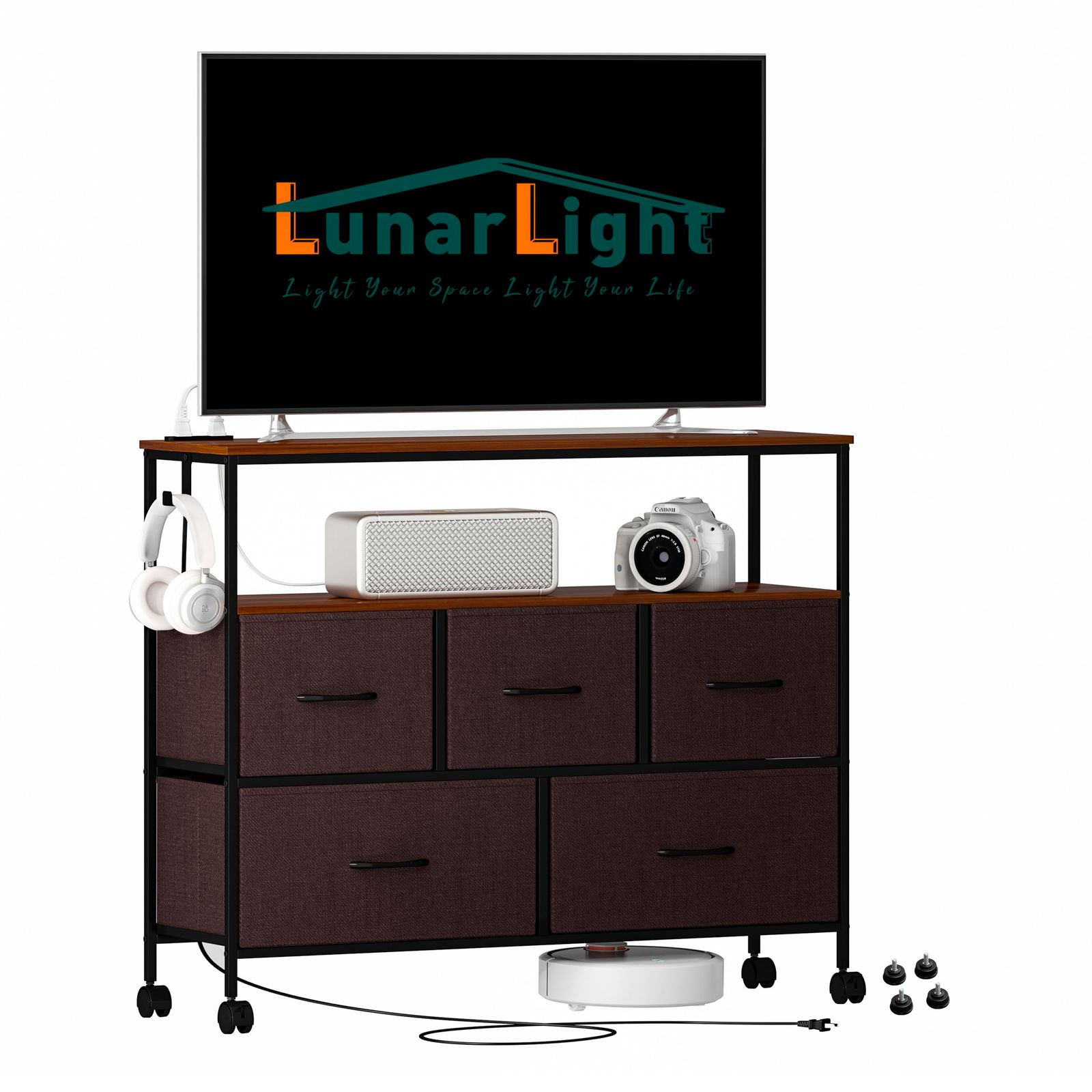 LunarLight チェスト タンス 幅100奥行30高さ78㎝ 収納チェスト 収納ケース コンセント2口付き キャスター付き ストッパー付き 移動式と固定式2機能 テレビ台としても使える 頑丈 組立簡単 耐震転倒防止 大容量収納 引き出し２段5杯 棚
