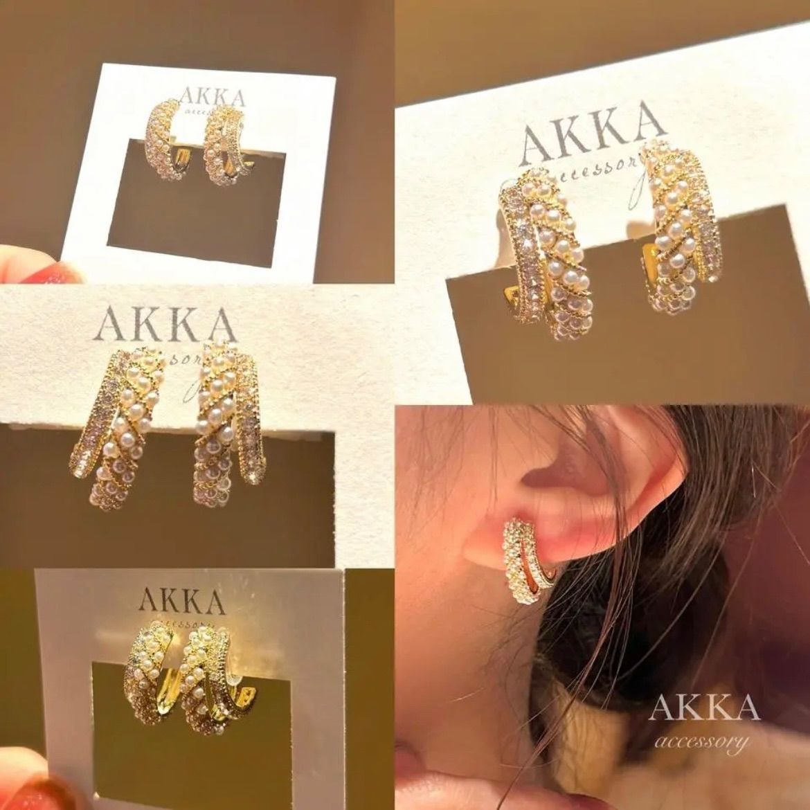 14kgp  Pearl u0026 Bijou earrings   パール　ビジュー　フープイヤリング    樹脂イヤリング　フープピアス　金属アレルギー　ノンホールピアス　AKKA ピアスに見える