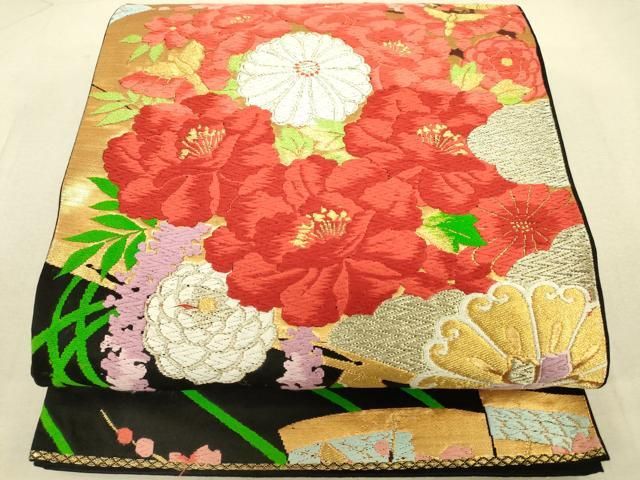 平和屋着物◎六通柄袋帯 唐織 檜扇花蝶文 黒地 金糸 正絹 逸品