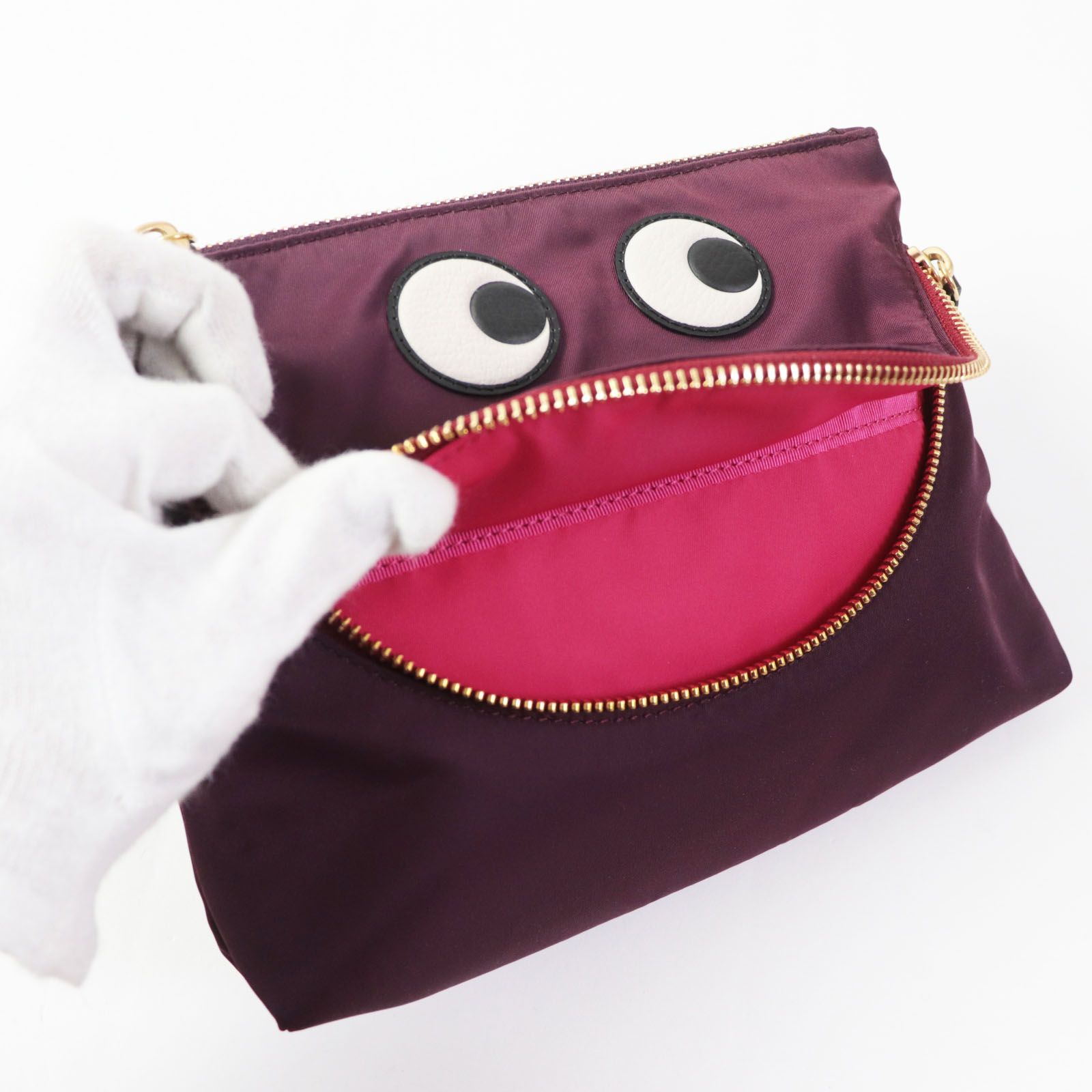 極美品◎ANYA HINDMARCH アニヤ ハインドマーチ HAPPY EYES POUCH ハッピーアイズポーチ 小物入れ ポーチ ボルドー  レディース 定価36,300円