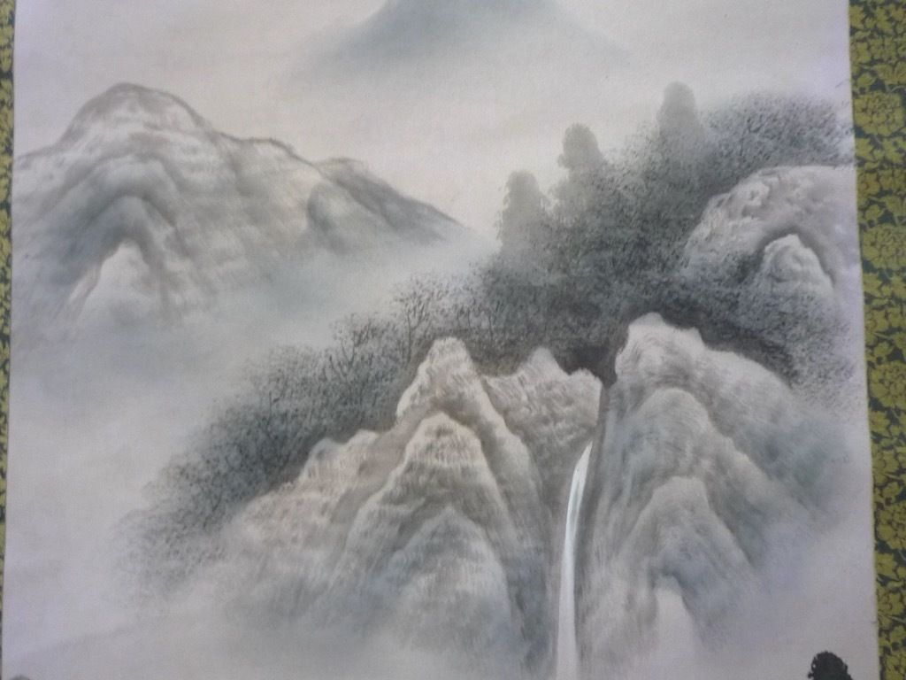 旧家蔵出 掛軸 玉泉 水墨 山水 風景 掛け軸 銘有 銘印 在銘 絹本 180cm