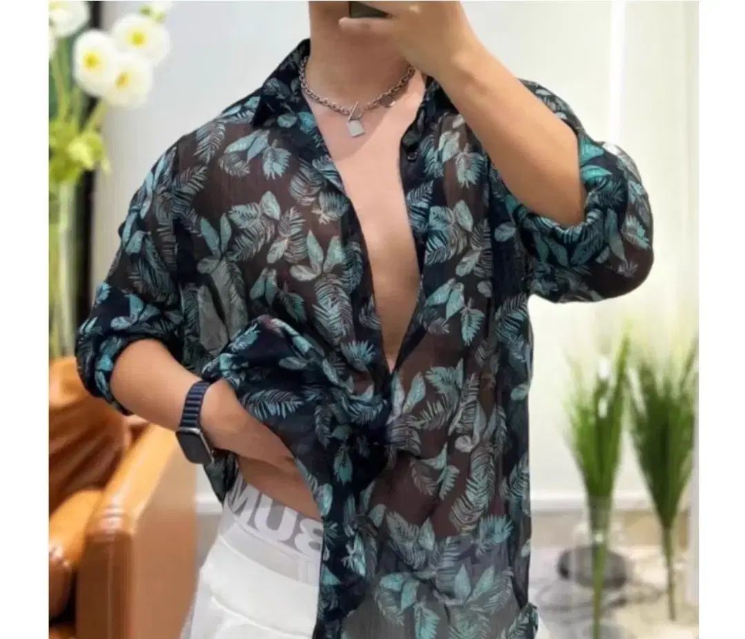 新品 メンズシフォン シースルーシャツ XL