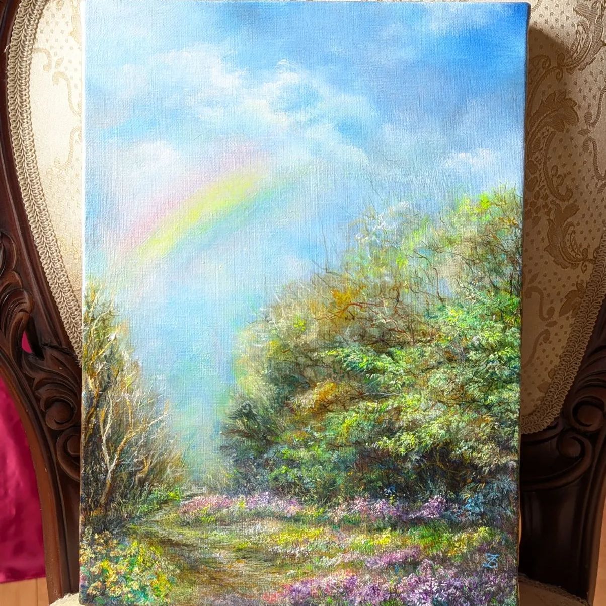painterTMK真筆【矢車草〜光の祝福】　油絵　風景画　ファインアート 風景画「光の祝福を受けし樹」painterTMK 真筆 油絵風景画 自然
