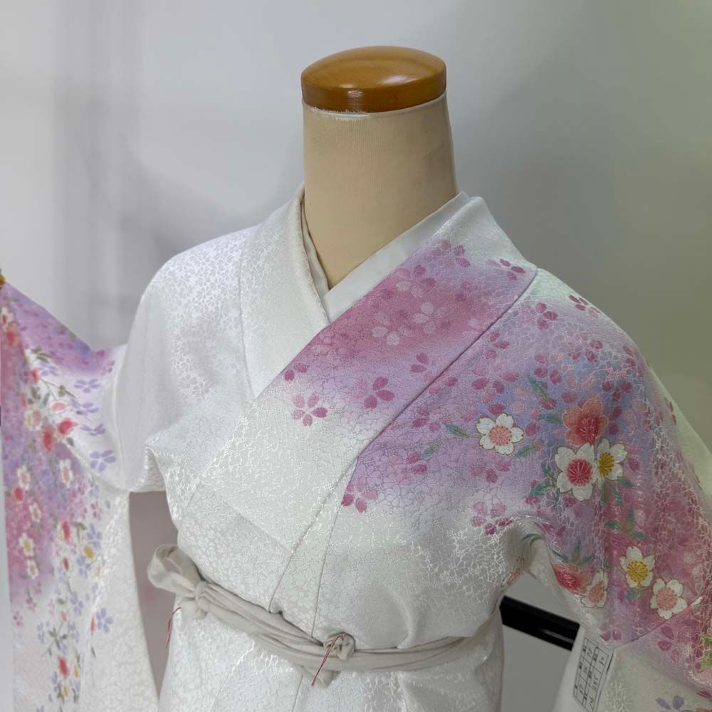 二尺袖 単品 卒業式着物 白 ピンク 裄67cm Lサイズ 袴用着物 化繊 4678