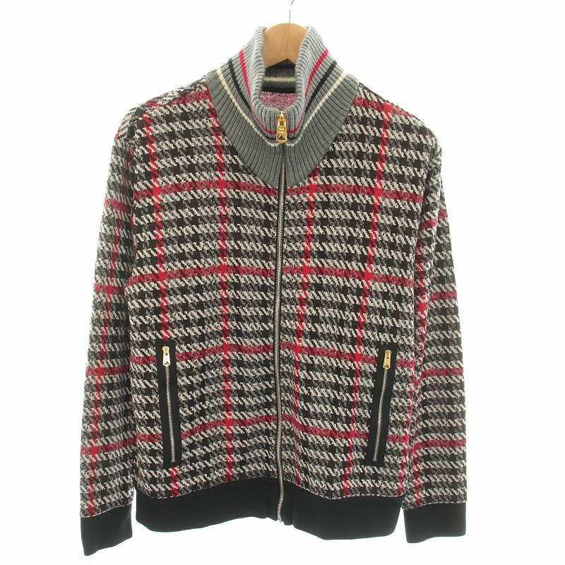 ポールスミス PAUL SMITH ニットジャケット ニットブルゾン アウター ジップアップ 千鳥格子柄 ウール混 M 赤 レッド グレー /YT
