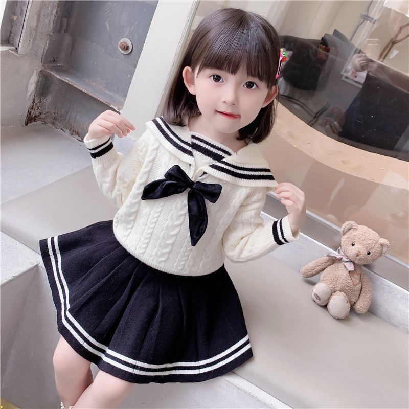 長袖ニットセットアップ 子供服 カジュアル キッズ 女の子 リボン ニット セーター セーラー スカート 春 秋 冬 上下セット 学院風 通学 小学生 卒業式 入学式 GxQ6938