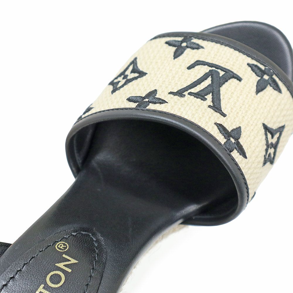 ルイ ヴィトン スターボード ライン モノグラム 刺繍 ウェッジソール サンダル 靴 36.5 23.5cm カーフスキン レザー コットン ベージュ ナチュラル ブラック ゴールド金具 1ABT1N LOUIS VUITTON ♥保管品 KIN-KAAI_COM