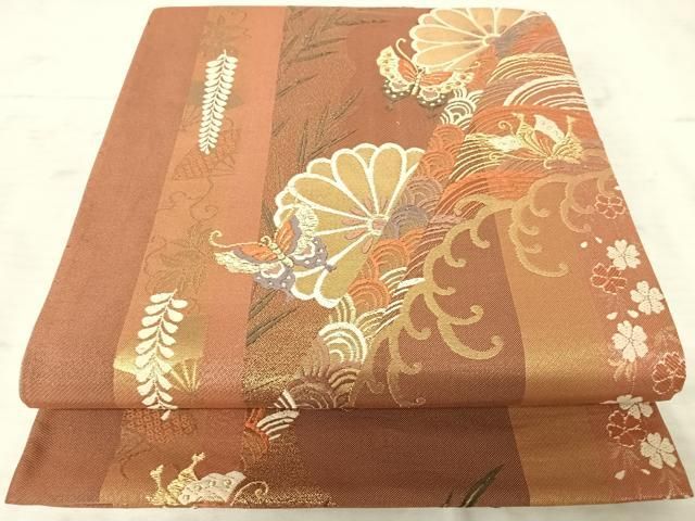 平和屋着物◎六通柄袋帯 唐織 流水花蝶文 金糸 正絹 逸品 AAAX7581yx  