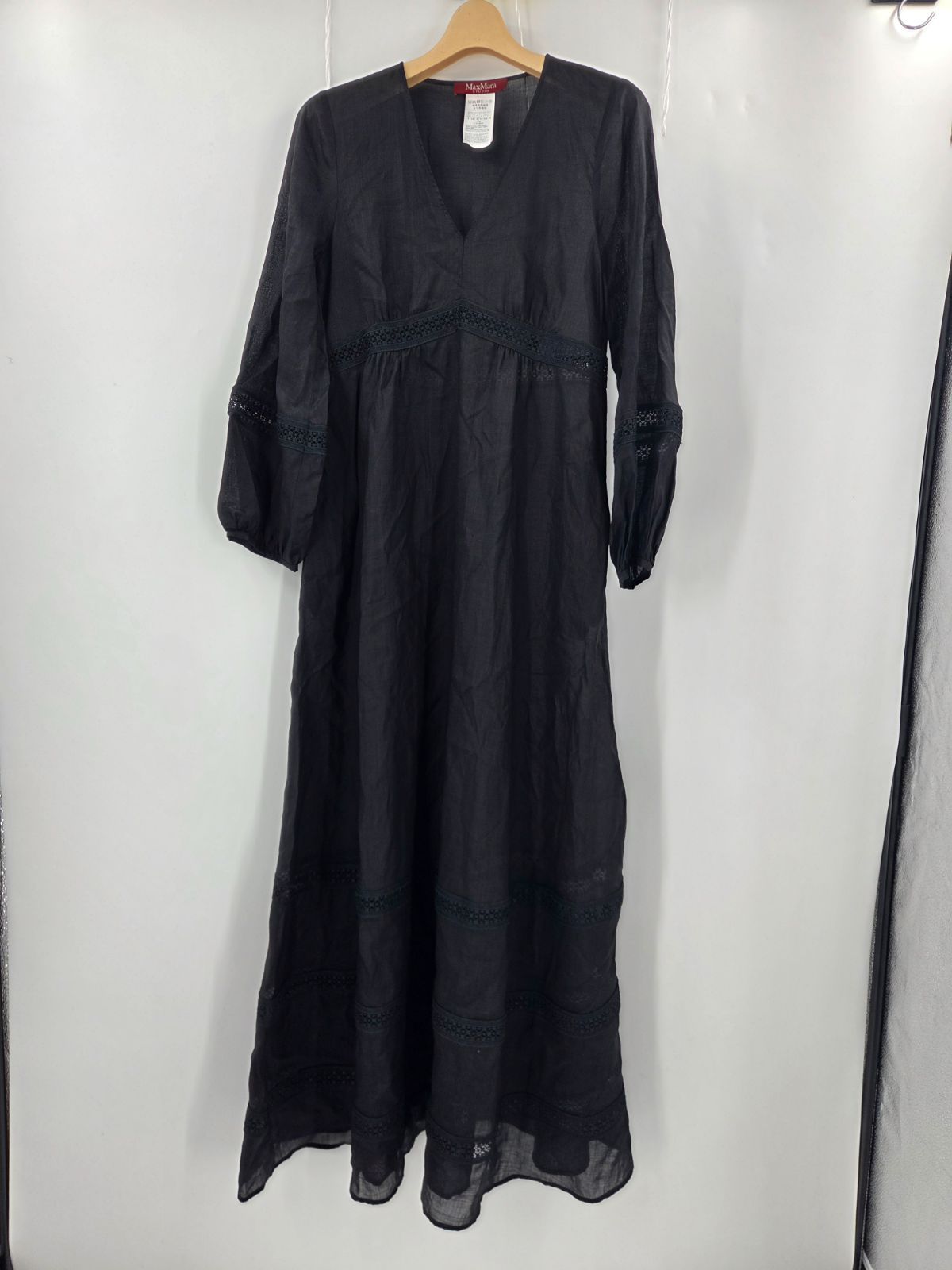表裏 ストレッチ【MaxMara】ブラック ロングワンピース 36 長袖 レース MAXMARA studioのブラックワンピース 表裏 ストレッチ【MaxMara