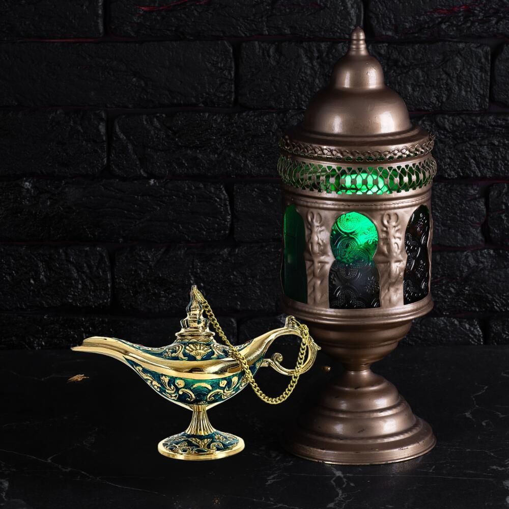 魔法のランプ オイルランプ ブルー ゴールド グリーン 真鍮製 アラジン