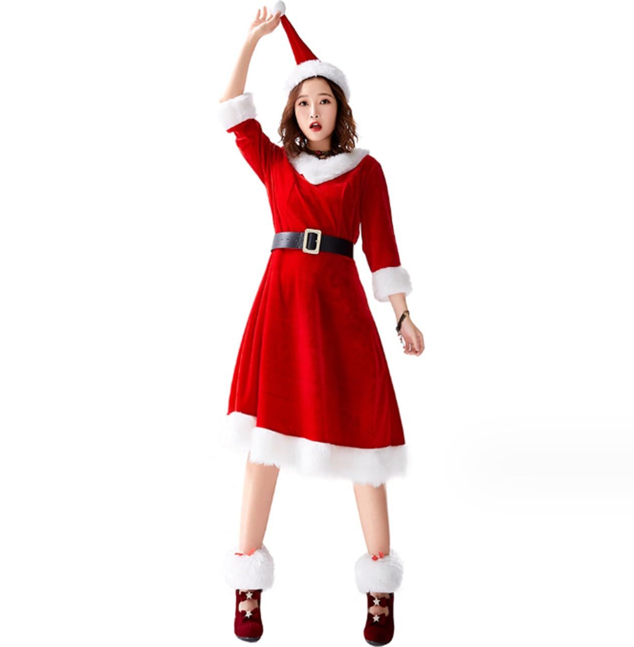 [CosMisty] クリスマス サンタ コスプレ レディース v襟 可愛い サンタコス ワンピース 帽子付き 衣装 イベント ハロウィン パーティー (L) [L]