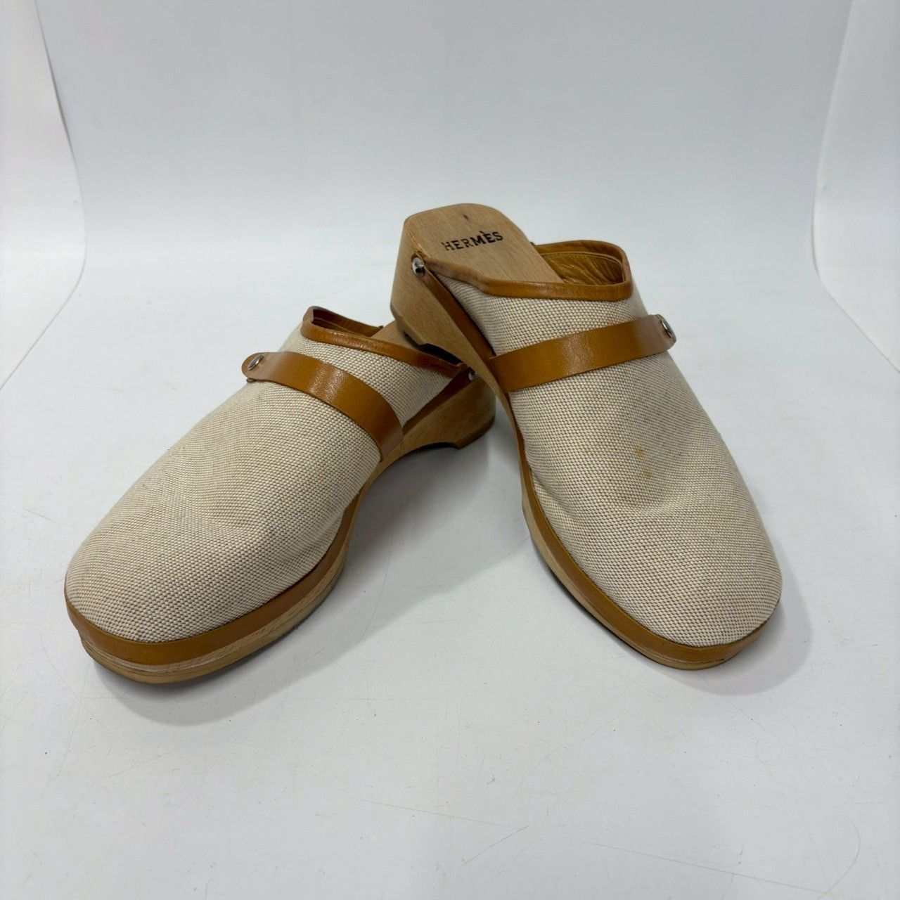 M10 き HERMES エルメス サボサンダル ミュール ウッド シューズ ベージュ×ブラウン レディース 靴