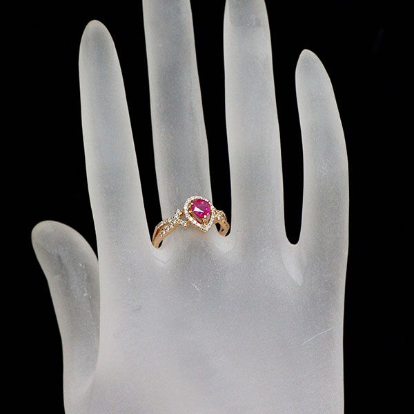 K18PG ペアシェイプ ルビー ダイヤモンド リング 0.76ct D0.27ct  