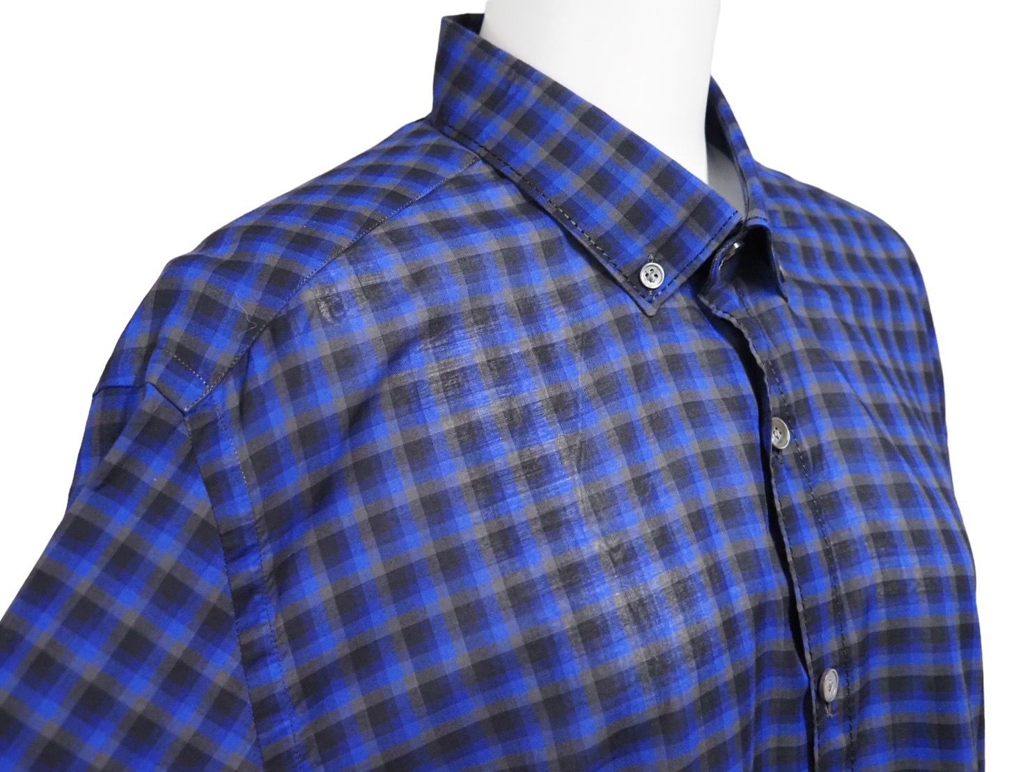 極美品 LANVIN ランバン 長袖シャツ 75008 チェックシャツ ネイビー コットン100％ サイズ40  49593