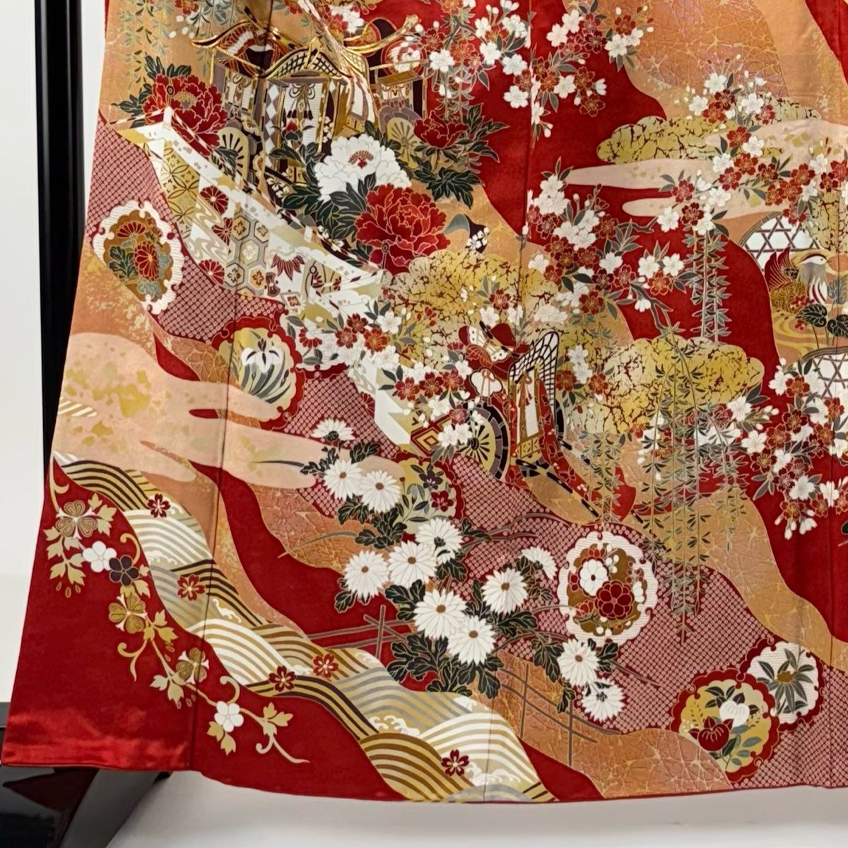 振袖 身丈160.5cm 裄丈64cm M 袷 御所車 桜 金糸 金銀彩 赤 正絹