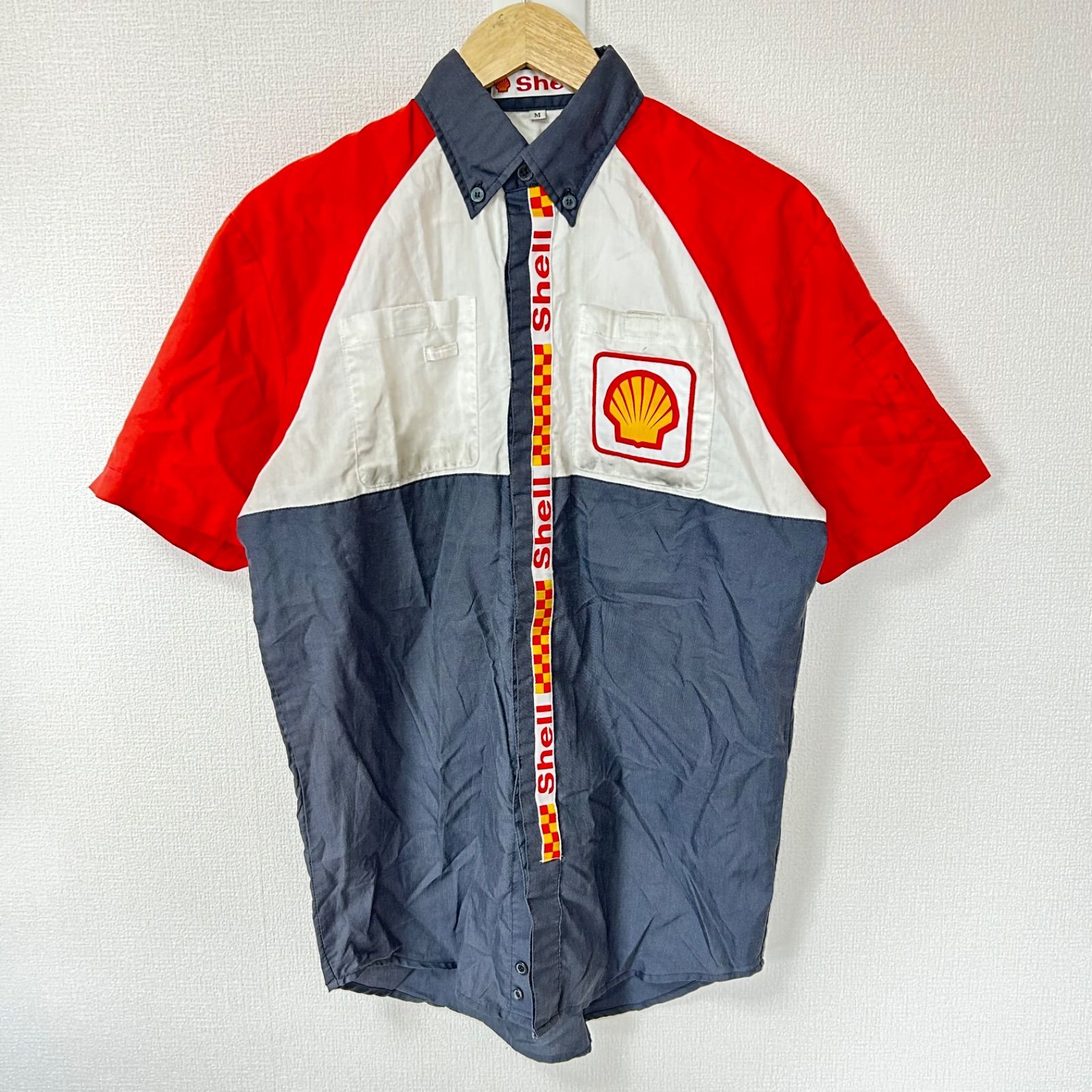 w^)b Shell 昭和シェル石油 半袖シャツ ボタンダウン 帯電防止 ロゴ